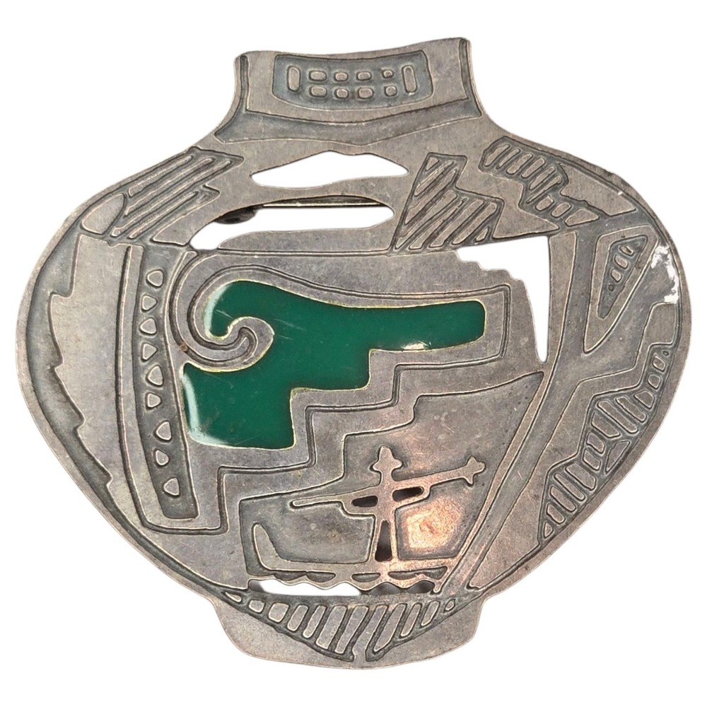 Vintage Brooch Sterling Silver 925 Southwestern Green Enamel Pottery Pin Green